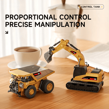 ByggRörelse™ 1:64 Premium Mini RC -metallirakennussetti – Trukki, Kaivinkone ja Kippiauto 